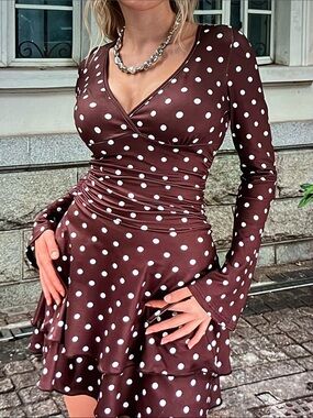 Women’s Brown Polka Dot Long-Sleeve Wrap Dress